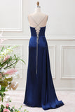 Navy Mermaid Spaghetti Straps Pleated Corset Maxi Dress With Slit