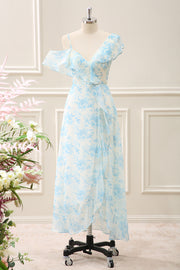 White Blue Flower A Line Chiffon Ruffled Tea Length Dress