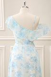 White Blue Flower A Line Chiffon Ruffled Tea Length Dress