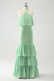 Green Tiered Chiffon Mermaid Halter Tiered Maxi Dress