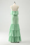 Green Tiered Chiffon Mermaid Halter Tiered Floor Length Dress