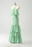 Green Tiered Chiffon Mermaid Halter Tiered Floor Length Dress