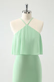 Green Tiered Chiffon Mermaid Halter Tiered Floor Length Dress