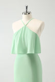 Green Tiered Chiffon Mermaid Halter Tiered Maxi Dress