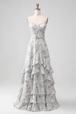 White Brown Flower Spaghetti Straps A Line Floor Length Dress With Ruffles