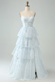 Light Blue A Line Tulle Corset Tiered Spaghetti Straps Maxi Dress