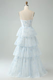 Light Blue A Line Tulle Corset Tiered Spaghetti Straps Maxi Dress