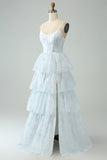 Light Blue A Line Tulle Corset Tiered Spaghetti Straps Maxi Dress