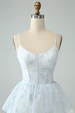 Light Blue A Line Tulle Corset Tiered Spaghetti Straps Maxi Dress