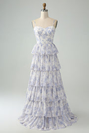 White Blue Floral Spaghetti Straps Tiered Maxi Dress