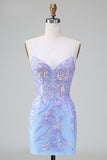 Blue Sequins Corset Open Back Mini Dress with Embroidery