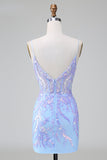 Blue Sequins Corset Open Back Mini Dress with Embroidery