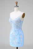 Blue Sequins Corset Open Back Mini Dress with Embroidery