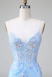 Blue Sequins Corset Open Back Mini Dress with Embroidery