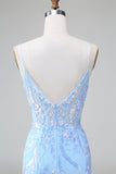 Blue Sequins Corset Open Back Mini Dress with Embroidery