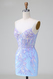 Blue Sequins Corset Open Back Mini Dress with Embroidery