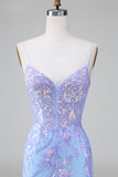 Blue Sequins Corset Open Back Mini Dress with Embroidery