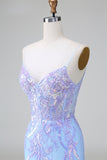 Blue Sequins Corset Open Back Mini Dress with Embroidery