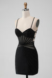 Black Bodycon Spaghetti Straps Corset Mini Dress with Beading