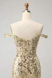 Sparkly Bodycon Golden Off The Shoulder Mini Dress with Sequins