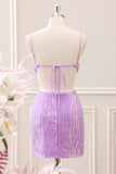 Glitter Purple Tight Sequined V Neck Mini Dress