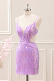 Glitter Purple Tight Sequined V Neck Mini Dress