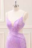 Glitter Purple Tight Sequined V Neck Mini Dress