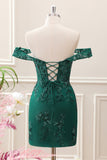 Dark Green Off the Shoulder Floral Embroidery Tight Mini Dress