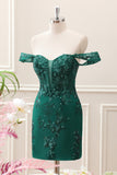 Dark Green Off the Shoulder Floral Embroidery Tight Mini Dress