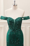 Dark Green Off the Shoulder Floral Embroidery Tight Mini Dress