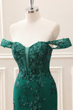 Dark Green Off the Shoulder Floral Embroidery Tight Mini Dress