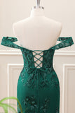 Dark Green Off the Shoulder Floral Embroidery Tight Mini Dress