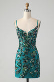 Sparkly Dark Green Beaded Sequins Bodycon Mini Dress with Lace-up Back