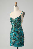 Sparkly Dark Green Beaded Sequins Bodycon Mini Dress with Lace-up Back