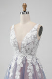 Elegant Grey Pink A Line V Neck Mini Dress with Flowers Appliques