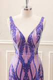 Sparkly Dark Purple Sequined Tight V Neck Mini Dress