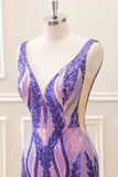 Sparkly Dark Purple Sequined Tight V Neck Mini Dress