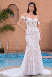 White Off the Shoulder Mermaid Corset Sweep Train Wedding Dress with Applique Lace