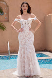 White Off the Shoulder Mermaid Corset Sweep Train Wedding Dress with Applique Lace