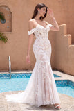 White Off the Shoulder Mermaid Corset Sweep Train Wedding Dress with Applique Lace