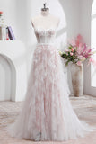 Elegant White A Line Corset Sweetheart Sweep Train Wedding Dress with Applique Lace