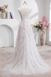 White A Line Sweetheart Sweep Train Corset Wedding Dress with Applique Lace