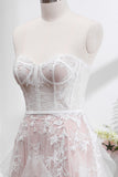 White A Line Sweetheart Sweep Train Corset Wedding Dress with Applique Lace