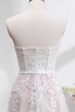 White A Line Sweetheart Sweep Train Corset Wedding Dress with Applique Lace