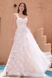 Elegant White A Line Corset Sweetheart Sweep Train Wedding Dress with Applique Lace