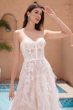 Elegant White A Line Corset Sweetheart Sweep Train Wedding Dress with Applique Lace