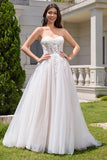 Princess White A Line Tulle Sweetheart Wedding Dress with Applique Lace