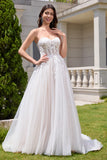 Princess White A Line Tulle Sweetheart Wedding Dress with Applique Lace