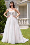 Princess White A Line Tulle Sweetheart Wedding Dress with Applique Lace