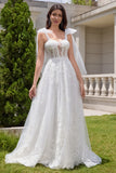 White A Line Corset Detachable Straps Long Wedding Dress with Appliques Lace